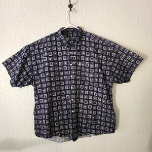 Men's Chaps Ralph Lauren XL Button Down Short Sleeve Navy Blue Paisley Squares